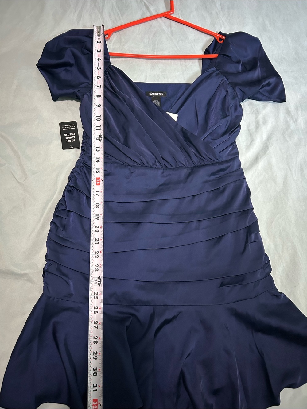 Express Navy Satin Ruched Mini Dress with Ruffle Hem- NWT! - Picture 5 of 7